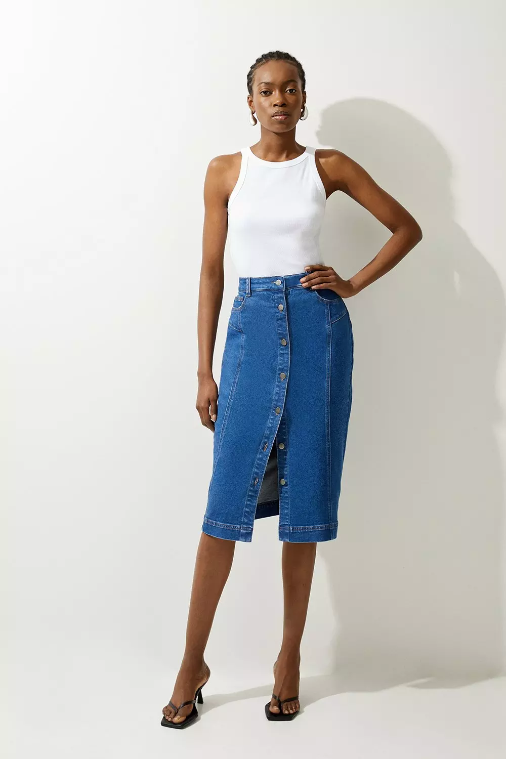 Denim Button Through Midi Skirt | Karen Millen